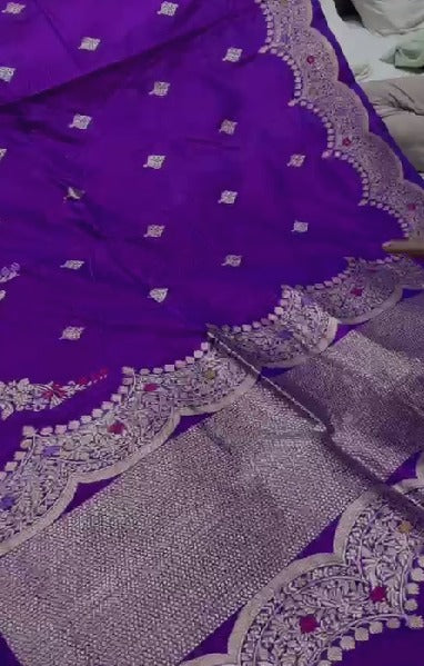 Purple Dual Tone Pure Banarasi katan silk saree with Kadhuwa Jungla Meenakari Sona Rupa Buttas and Scallop Border |SILK MARK CERTIFIED