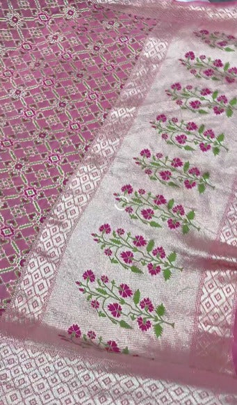 Authentic Dusty Rose Banarasi Silk Georgette Saree with Ikkat Patola Meenakari Jaal and Paithani Style Pallu | SILK MARK CERTIFIED