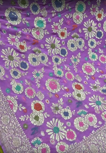 Authentic Lilac Banarasi Silk Georgette Saree with Meenakari Floral Brocade and Ornate Persian Design Border-Pallu | SILK MARK CERTIFIED