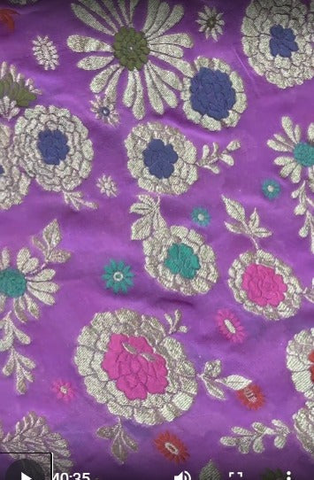 Authentic Lilac Banarasi Silk Georgette Saree with Meenakari Floral Brocade and Ornate Persian Design Border-Pallu | SILK MARK CERTIFIED