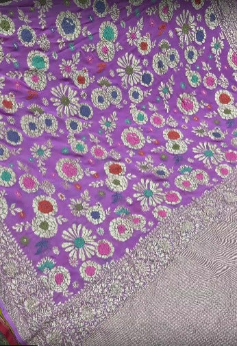Authentic Lilac Banarasi Silk Georgette Saree with Meenakari Floral Brocade and Ornate Persian Design Border-Pallu | SILK MARK CERTIFIED