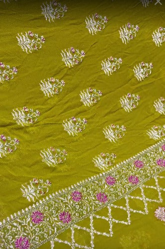 Authentic Moss Green Banarasi Silk Georgette Saree with Persian Inspired Floral Buttas and Meenakari Ornate Border | SILK MARK CERTIFIED