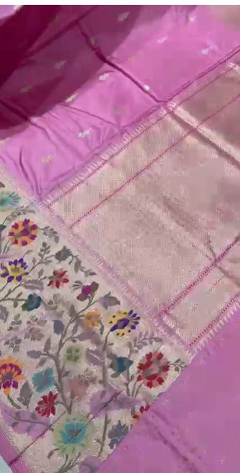 Carnation Pink Pure Banarasi Silk Saree with Floral Gold-Silver Zari  Buttas and Paithani Style Tissue Meenakari  Floral Border| SILK MARK CERTIFIED