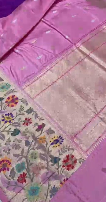Carnation Pink Pure Banarasi Silk Saree with Floral Gold-Silver Zari  Buttas and Paithani Style Tissue Meenakari  Floral Border| SILK MARK CERTIFIED