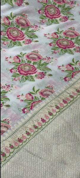 White Pure Banarasi geogrette silk saree with Meenakari Rose Buttas and zari border | SILK MARK CERTIFIED