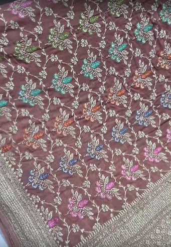Authentic Sandstone Banarasi Silk Georgette Saree with Meenakari Trellis Floral Jaal and Zari Border | SILK MARK CERTIFIED
