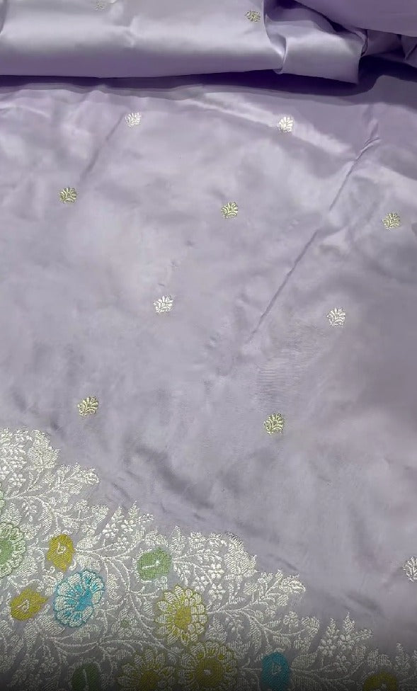 Kadhuwa Meenakari Skirt Border Banarasi Pure Katan Silk Saree in Smokey Lavender with Sona Rupa Chunri Buttis and Zari Border| SILK MARK CERTIFIED