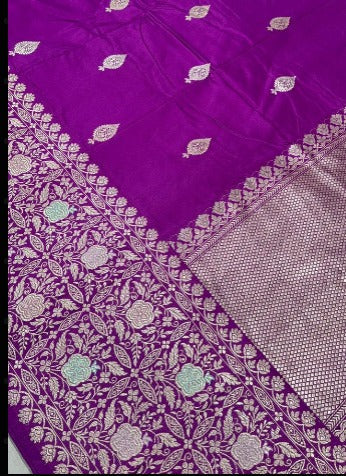 Deep Plum Banarasi Pure Katan Silk Saree with Sona Rupa Buttas and Meenakari Skirt Zari Border | SILK MARK CERTIFIED