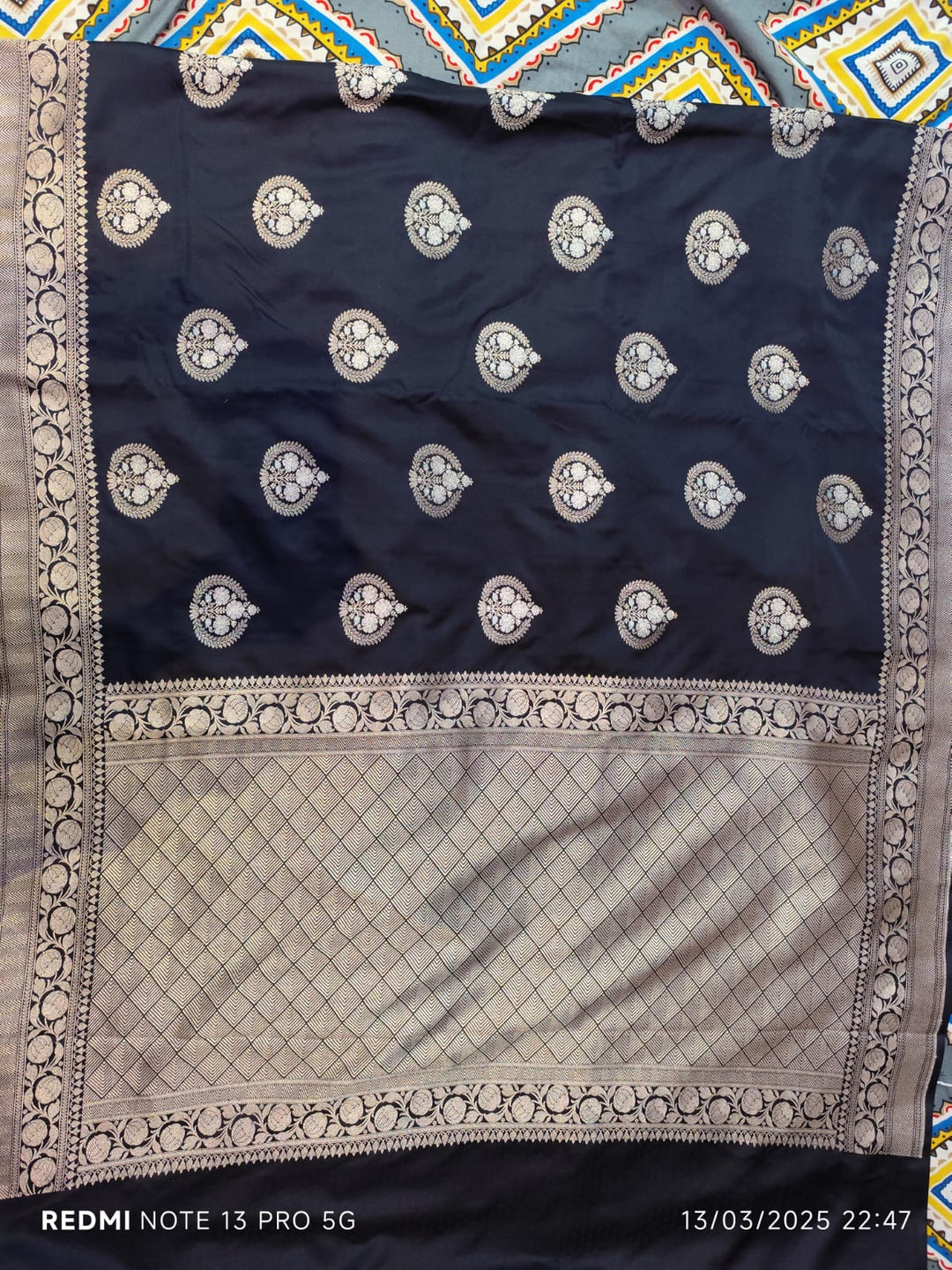 BlackBanarasi Semi Mashru Silk Saree with Bigger Ornate Buttas and Zari Border