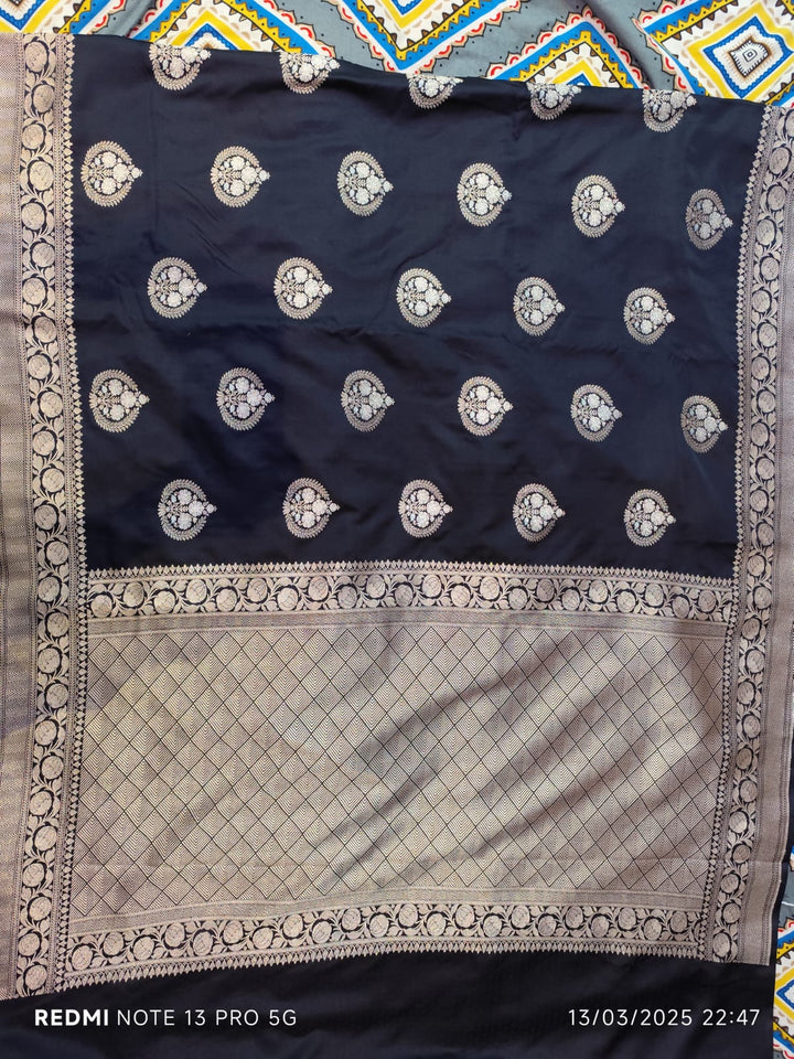 BlackBanarasi Semi Mashru Silk Saree with Bigger Ornate Buttas and Zari Border