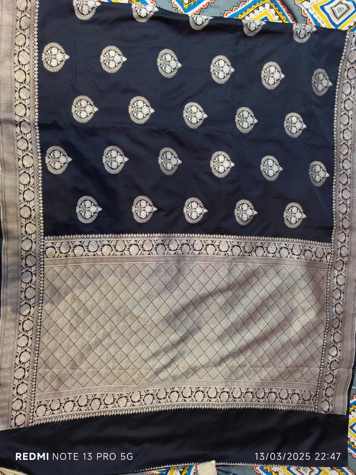 BlackBanarasi Semi Mashru Silk Saree with Bigger Ornate Buttas and Zari Border
