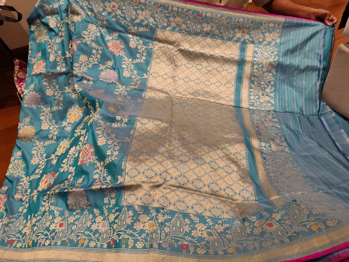 Blue Pure Banarasi Jungla Silk Saree with Khaduwa Floral Meenakari Jaal and Zari Border | SILK MARK CERTIFIED