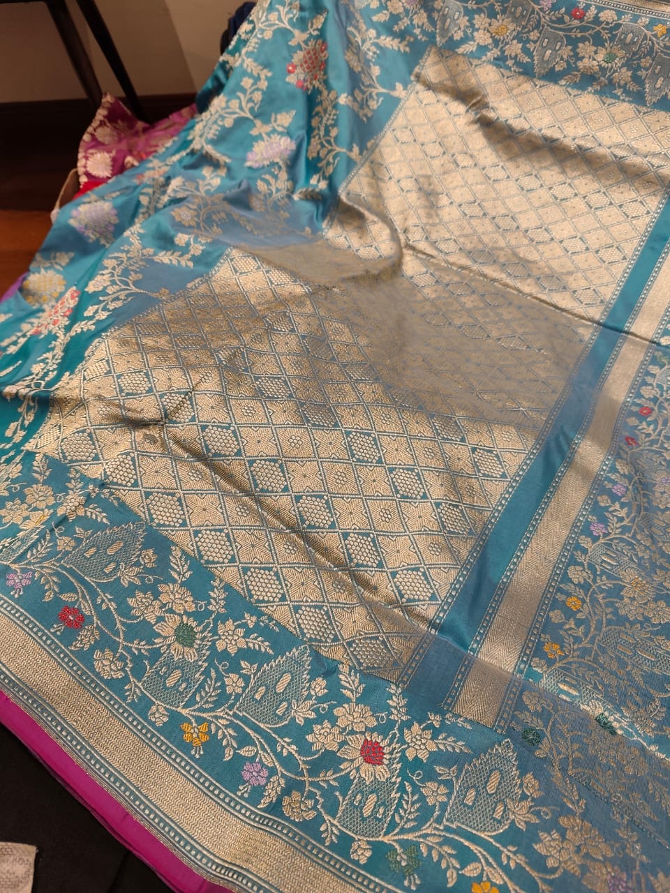 Blue Pure Banarasi Jungla Silk Saree with Khaduwa Floral Meenakari Jaal and Zari Border | SILK MARK CERTIFIED