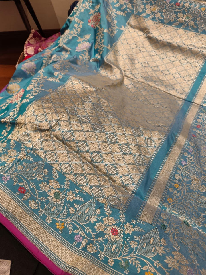 Blue Pure Banarasi Jungla Silk Saree with Khaduwa Floral Meenakari Jaal and Zari Border | SILK MARK CERTIFIED