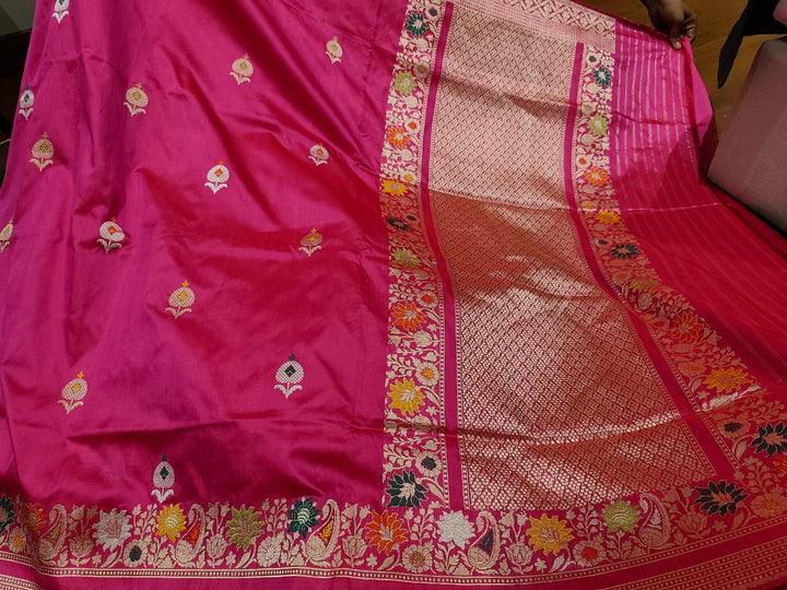 Rani Pink Banarasi Pure Silk Saree with Floral Ornate Meenakari Butta and Border | SILK MARK CERTIFIED