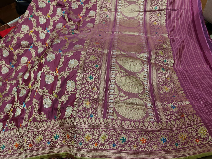 Mauve Pure Banarasi Jungla Silk Saree with Khaduwa Floral Meenakari Jaal and Zari Border | SILK MARK CERTIFIED