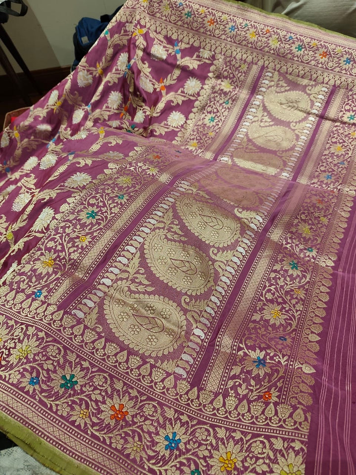 Mauve Pure Banarasi Jungla Silk Saree with Khaduwa Floral Meenakari Jaal and Zari Border | SILK MARK CERTIFIED