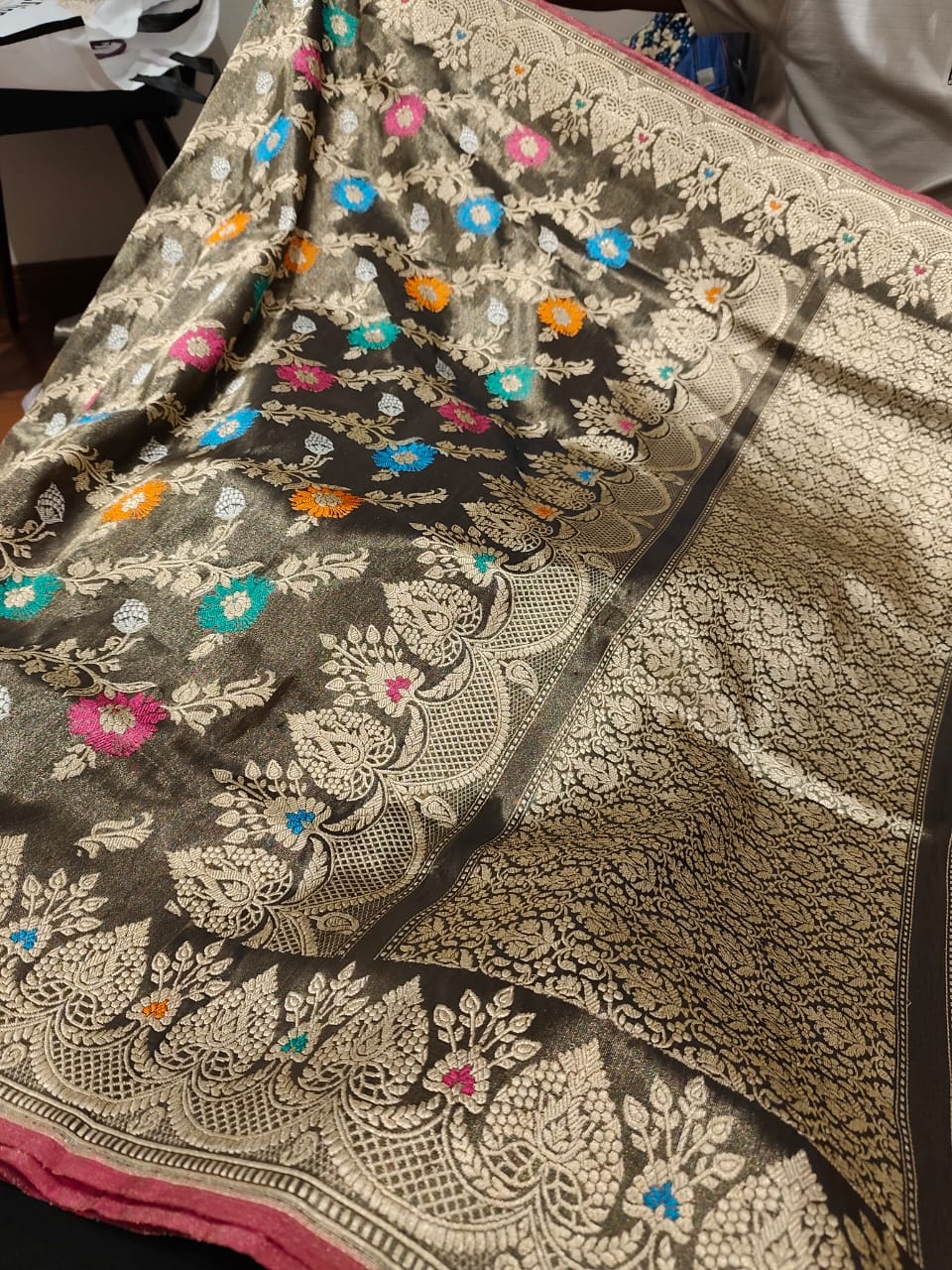 Deep Brown Pure Banarasi Tissue  Silk Handloom Jungla Saree with Meenakari kadhuwa Floral jaal and Zari Border | SILK MARK CERTIFIED