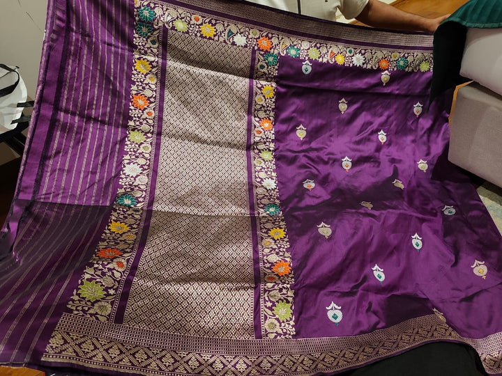 Deep Purple Pure Banarasi Mashru Silk Saree with Floral Meenakari Butta and Zari Border | SILK MARK CERTIFIED