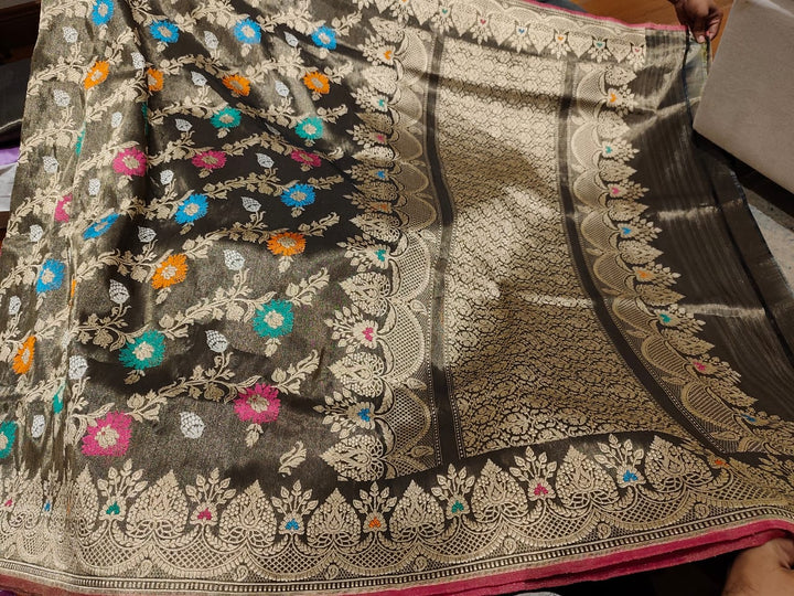 Deep Brown Pure Banarasi Tissue  Silk Handloom Jungla Saree with Meenakari kadhuwa Floral jaal and Zari Border | SILK MARK CERTIFIED