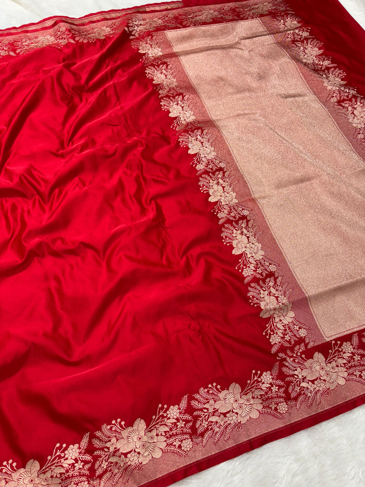 Red Semi Mashru Banarasi Silk Saree with Silver Floral zari Border