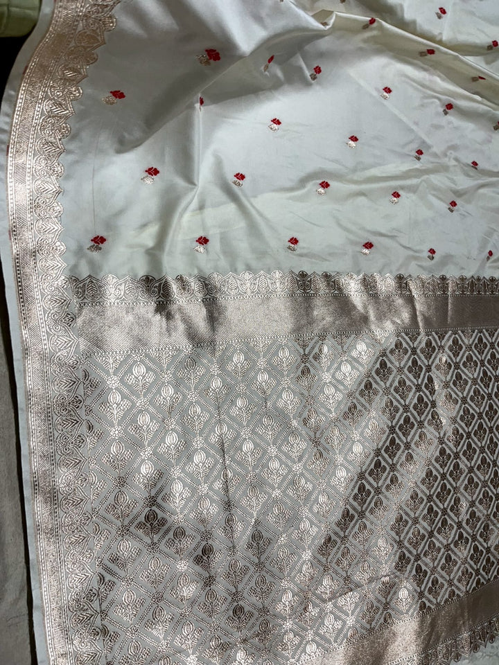 White Semi Mashru Banarasi Silk Saree with Dainty Meenakari Work and Minimal Zari Border
