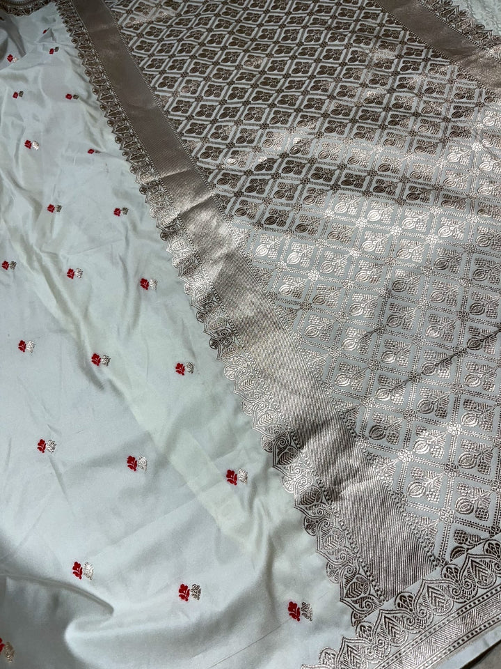 White Semi Mashru Banarasi Silk Saree with Dainty Meenakari Work and Minimal Zari Border