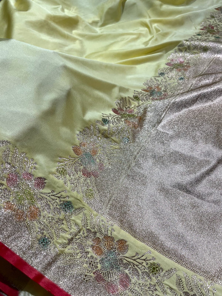 Butter Yellow Semi Mashru Banarasi Silk Saree with Meenakari hand Brush Dye on Zari Borders