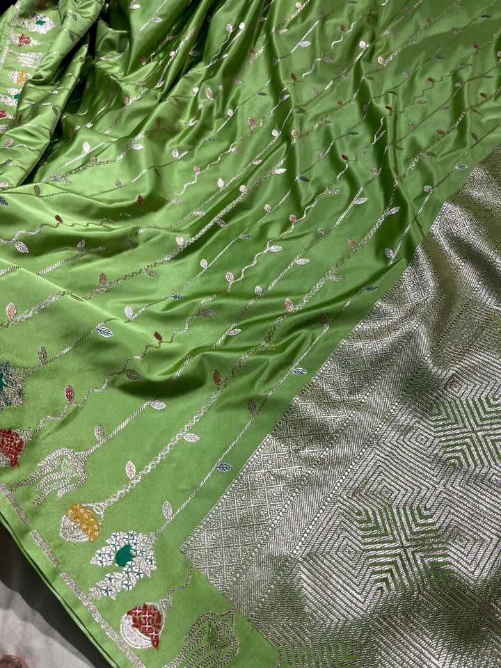 Dusty Pista Green Banarasi Semi Mashru Silk Saree with Meenakari Vertical Ornate Zari Stripes