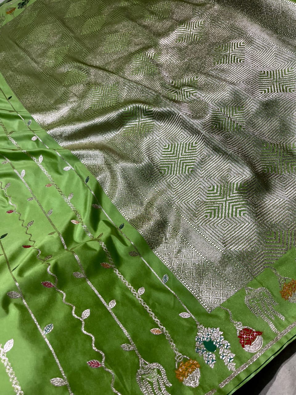 Dusty Pista Green Banarasi Semi Mashru Silk Saree with Meenakari Vertical Ornate Zari Stripes