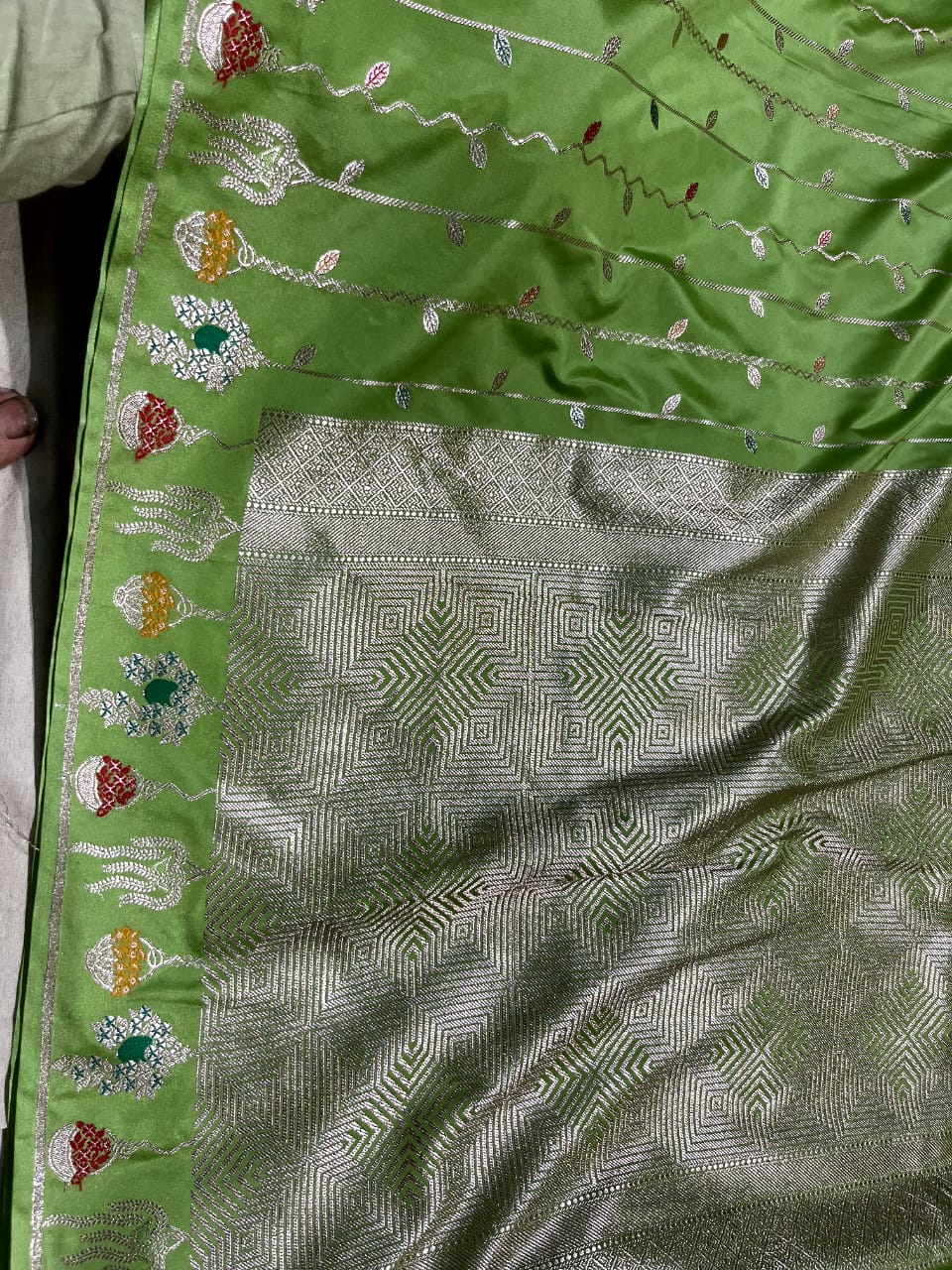 Dusty Pista Green Banarasi Semi Mashru Silk Saree with Meenakari Vertical Ornate Zari Stripes