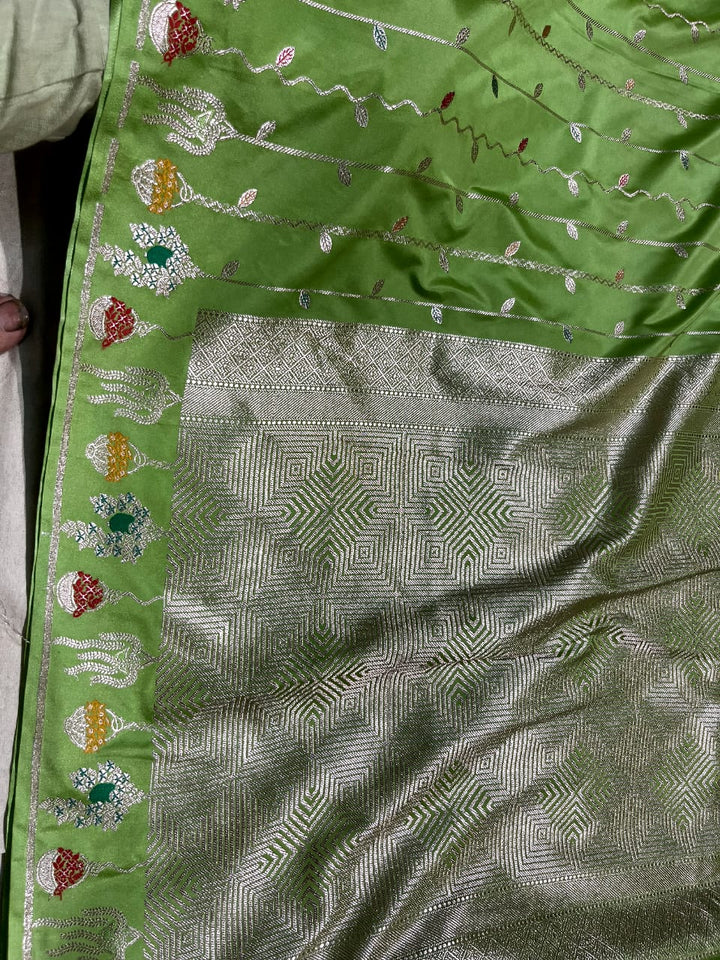 Dusty Pista Green Banarasi Semi Mashru Silk Saree with Meenakari Vertical Ornate Zari Stripes