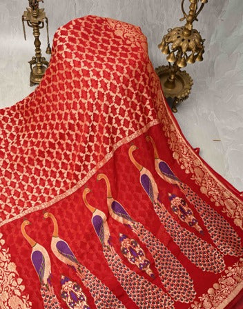 Dupatta: Authentic Bandhej Banarasi Pure Silk Georgette Bright Red Dupatta with Jaal Zari & Peacock Meenakari Pallu | SILK MARK CERTIFIED
