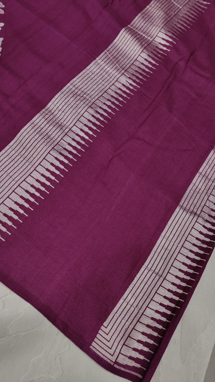 Plum Tussar Georgette Saree with Meenakari Floral Jaal and Temple Zari Border | SILK MARK CERTIFIED
