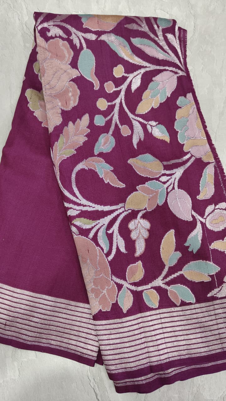 Plum Tussar Georgette Saree with Meenakari Floral Jaal and Temple Zari Border | SILK MARK CERTIFIED