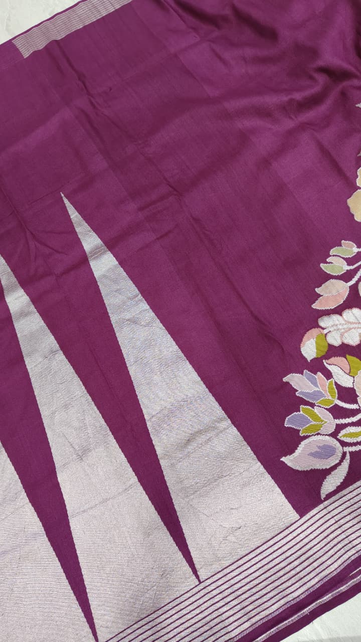 Plum Tussar Georgette Saree with Meenakari Floral Jaal and Temple Zari Border | SILK MARK CERTIFIED