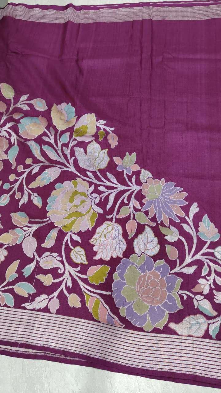 Plum Tussar Georgette Saree with Meenakari Floral Jaal and Temple Zari Border | SILK MARK CERTIFIED