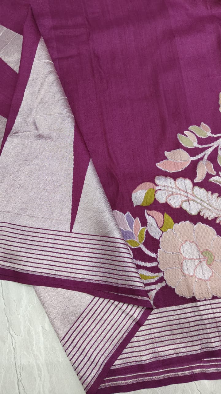 Plum Tussar Georgette Saree with Meenakari Floral Jaal and Temple Zari Border | SILK MARK CERTIFIED