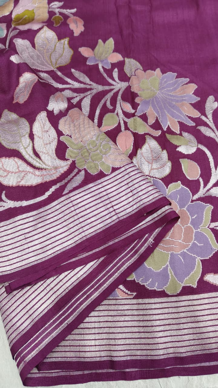 Plum Tussar Georgette Saree with Meenakari Floral Jaal and Temple Zari Border | SILK MARK CERTIFIED