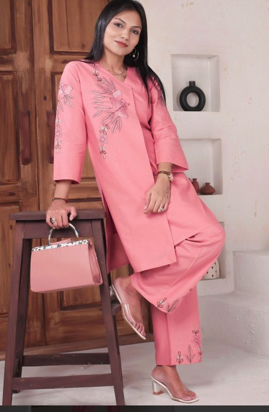 Embroidered Pure Cotton V-Neck Tunic With Trousers | Made to Order