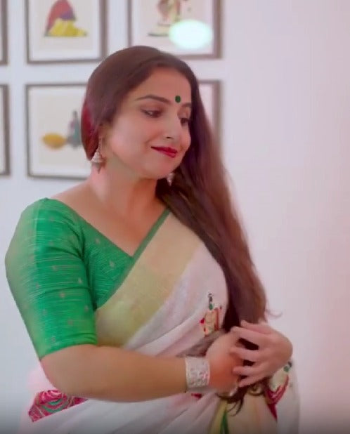 Vidya Balan Dandiya Embroidery on Off White Pure Linen by Linen Saree with Green Borders