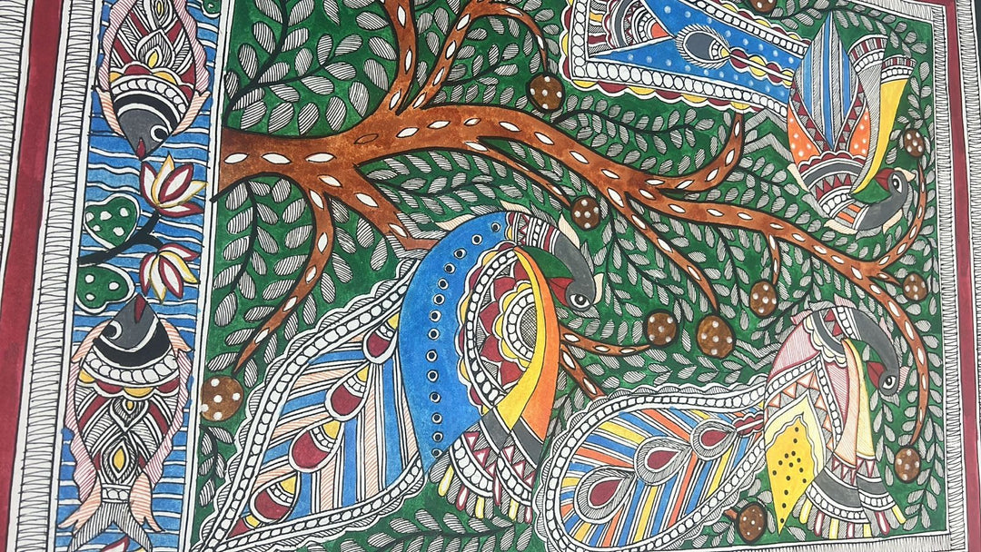 Tree of Life with Peacock Madhubani Hand Painting Wall Art, unframed, 30 x 22 inch | SHOBITAM