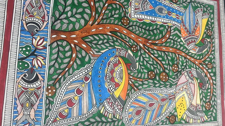Tree of Life with Peacock Madhubani Hand Painting Wall Art, unframed, 30 x 22 inch | SHOBITAM