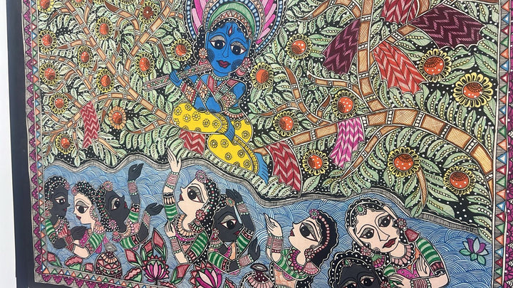 Krishna Leela Madhubani Hand Painting, Unframed, 30 x 22 | SHOBITAM