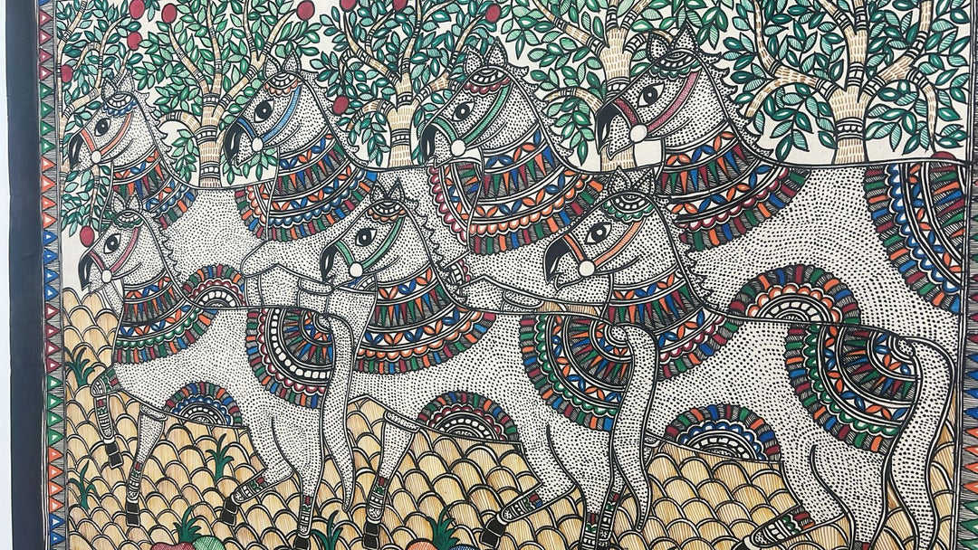Lucky 7 Horses on Madhubani wall painting, Unframed,30 x 22 | SHOBITAM