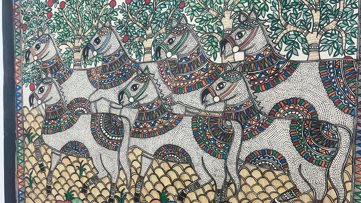 Lucky 7 Horses on Madhubani wall painting, Unframed,30 x 22 | SHOBITAM