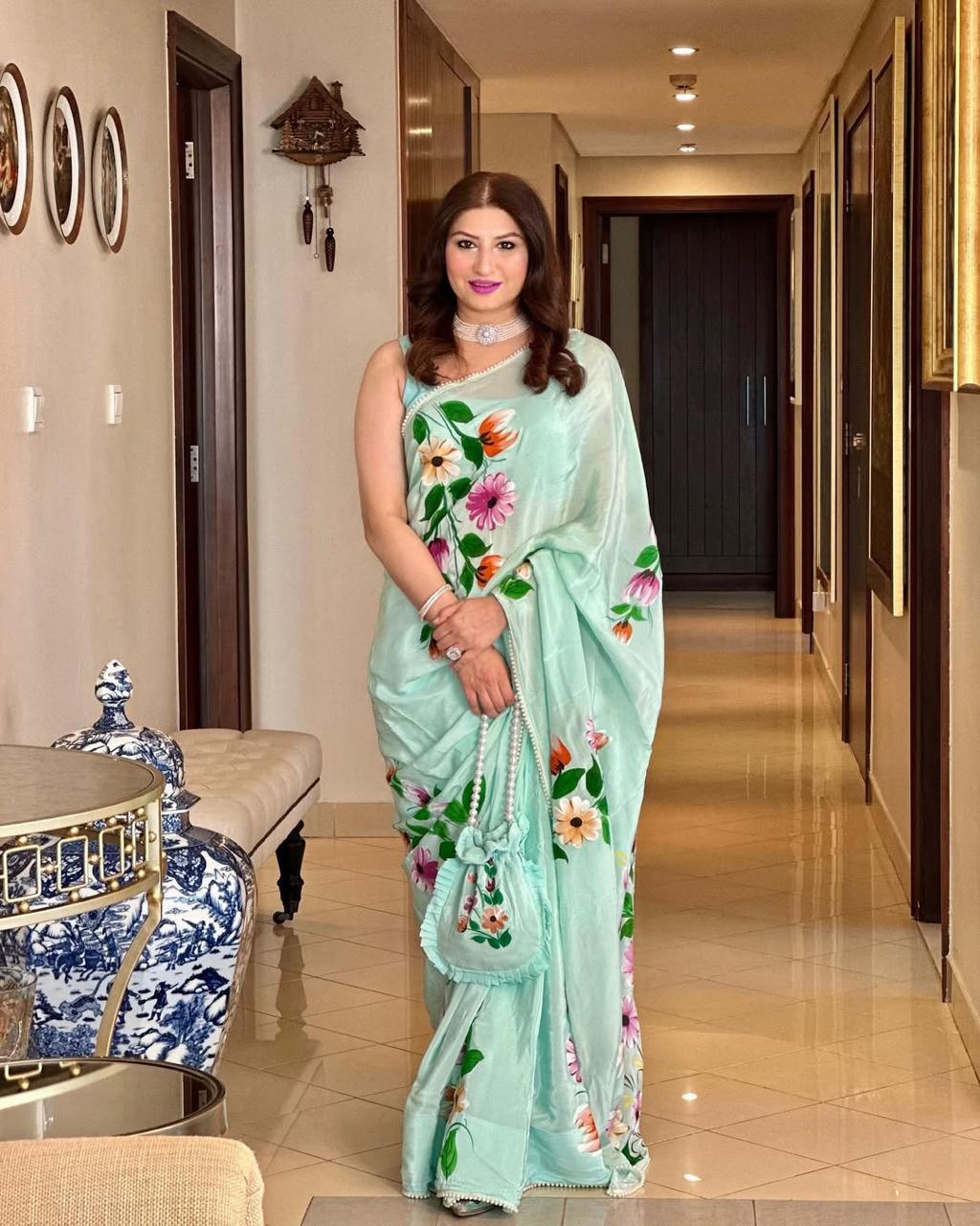 Powder Blue Modal Silk Saree with Floral Hand Painted and delicate pearl bead edging | SHOBITAM