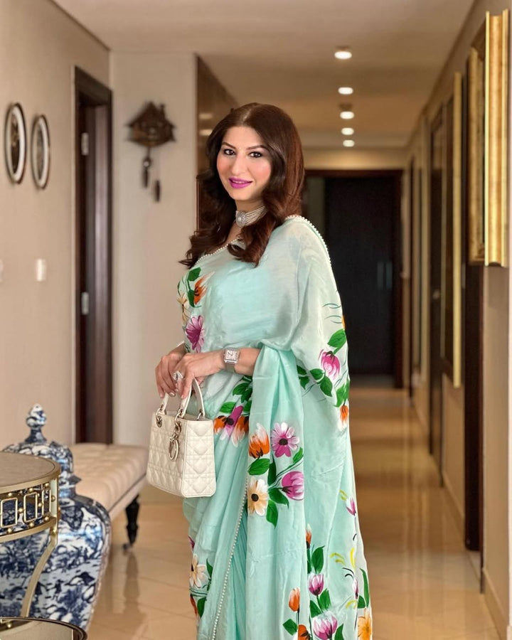 Powder Blue Modal Silk Saree with Floral Hand Painted and delicate pearl bead edging | SHOBITAM