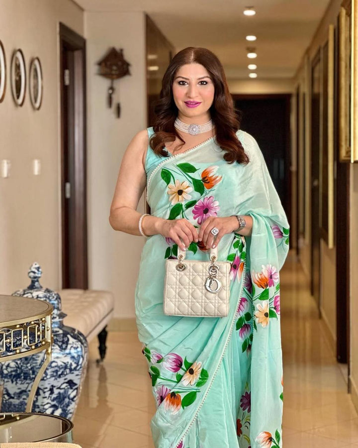 Powder Blue Modal Silk Saree with Floral Hand Painted and delicate pearl bead edging | SHOBITAM