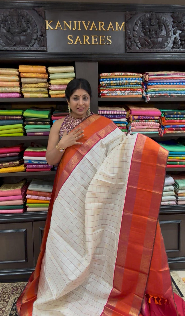 Stunning Off White Pure Kanjivaram Silk Saree with Checks and Orange Rettaipet Zari Border | SILK MARK CERTIFIED